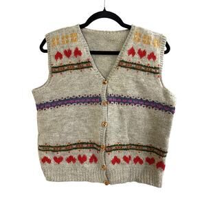 Vintage Hand Knit Handmade Button-Front Fair Isle Sweater Vest Hearts Prairie